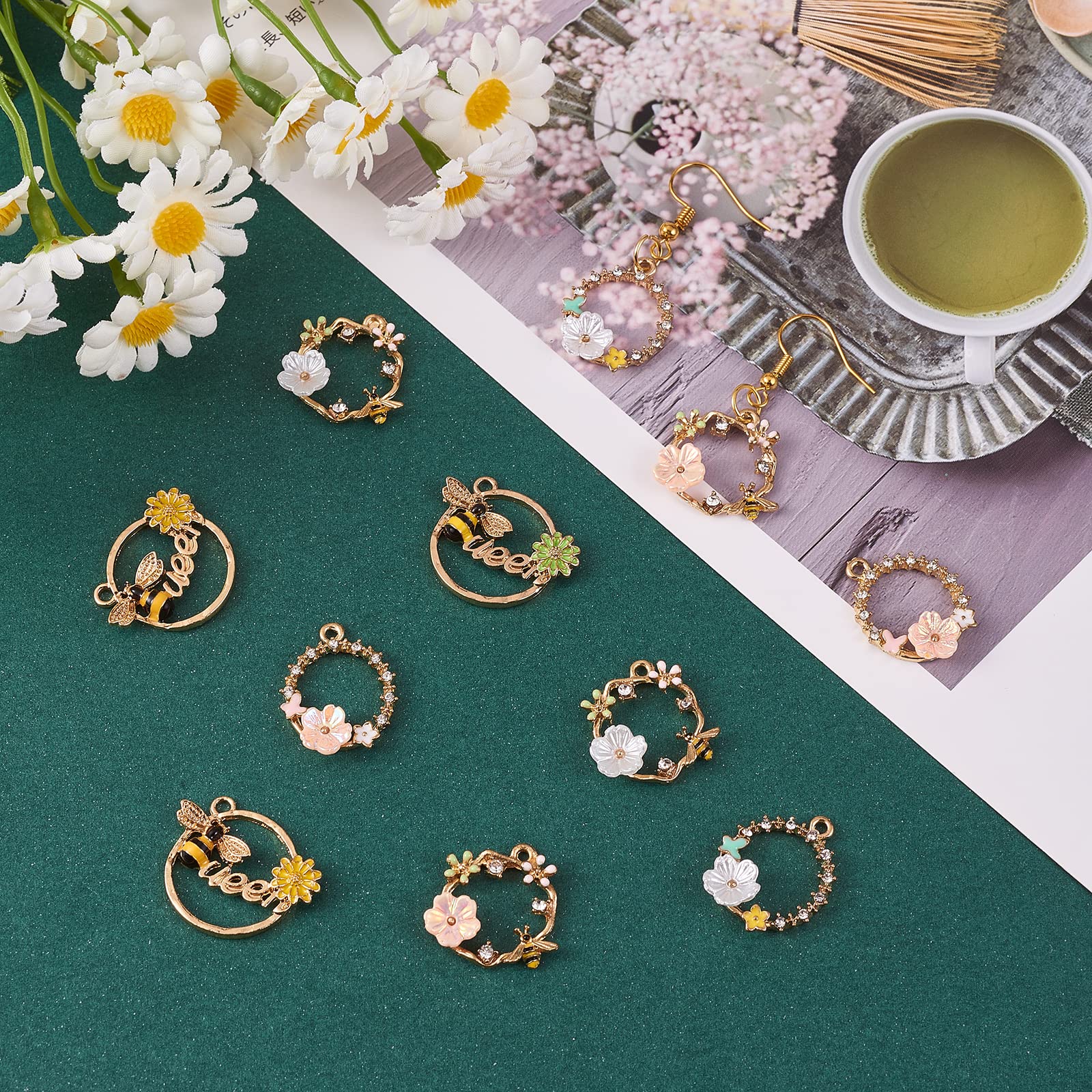 BEEFLYING 12 Pieces Bee Flower Charms Rhinestone Alloy Honeybee Pendants Flat Round Hollow Jewellery Findings for Necklaces Bracelets Jewelry Making Crafts Supplies - Image 3