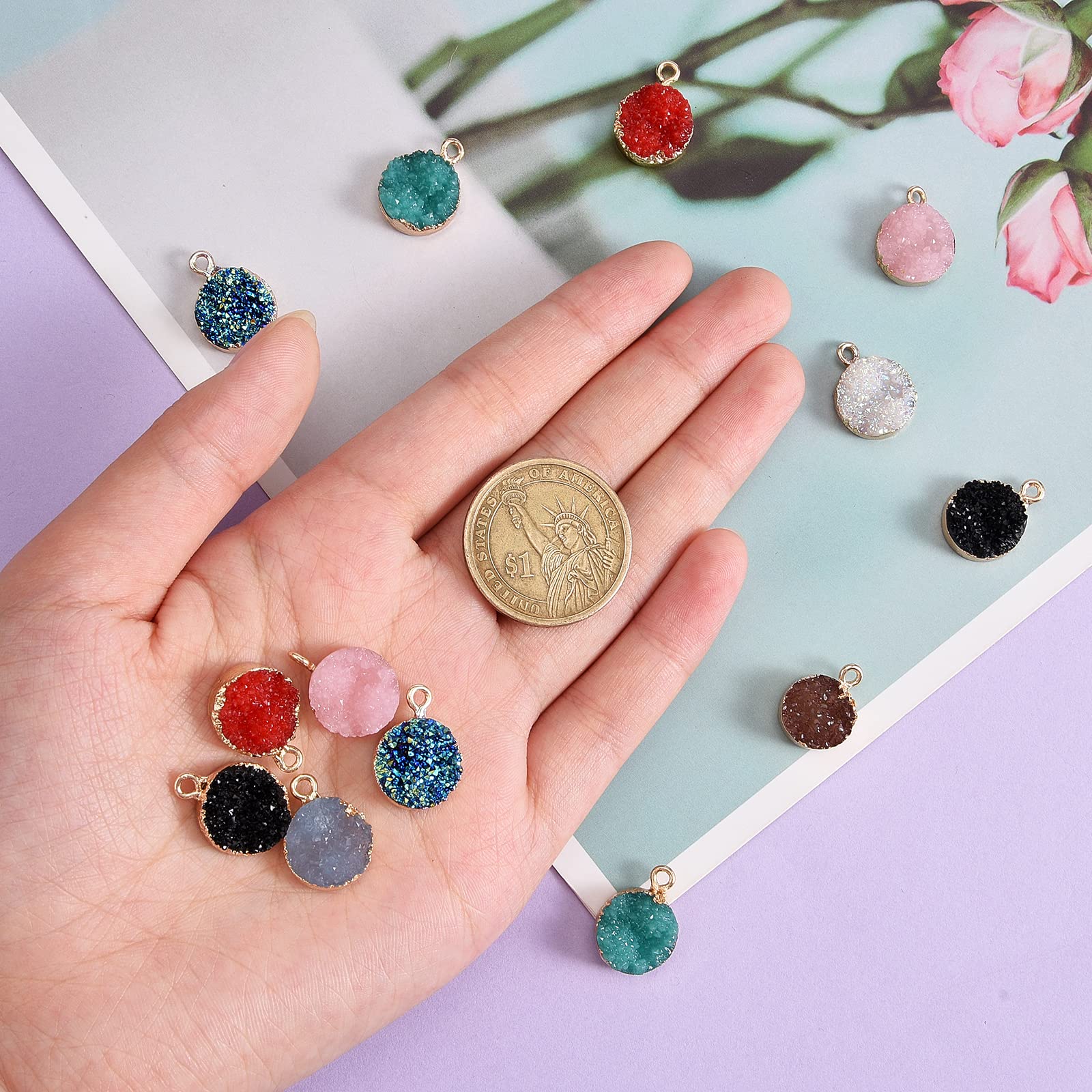 BEEFLYING 16 Pcs 8 Colors Electroplate Druzy Resin Pendants Flat Round Resin Charms Findings for Jewelry Necklaces Bracelets Earrings Making - Image 3