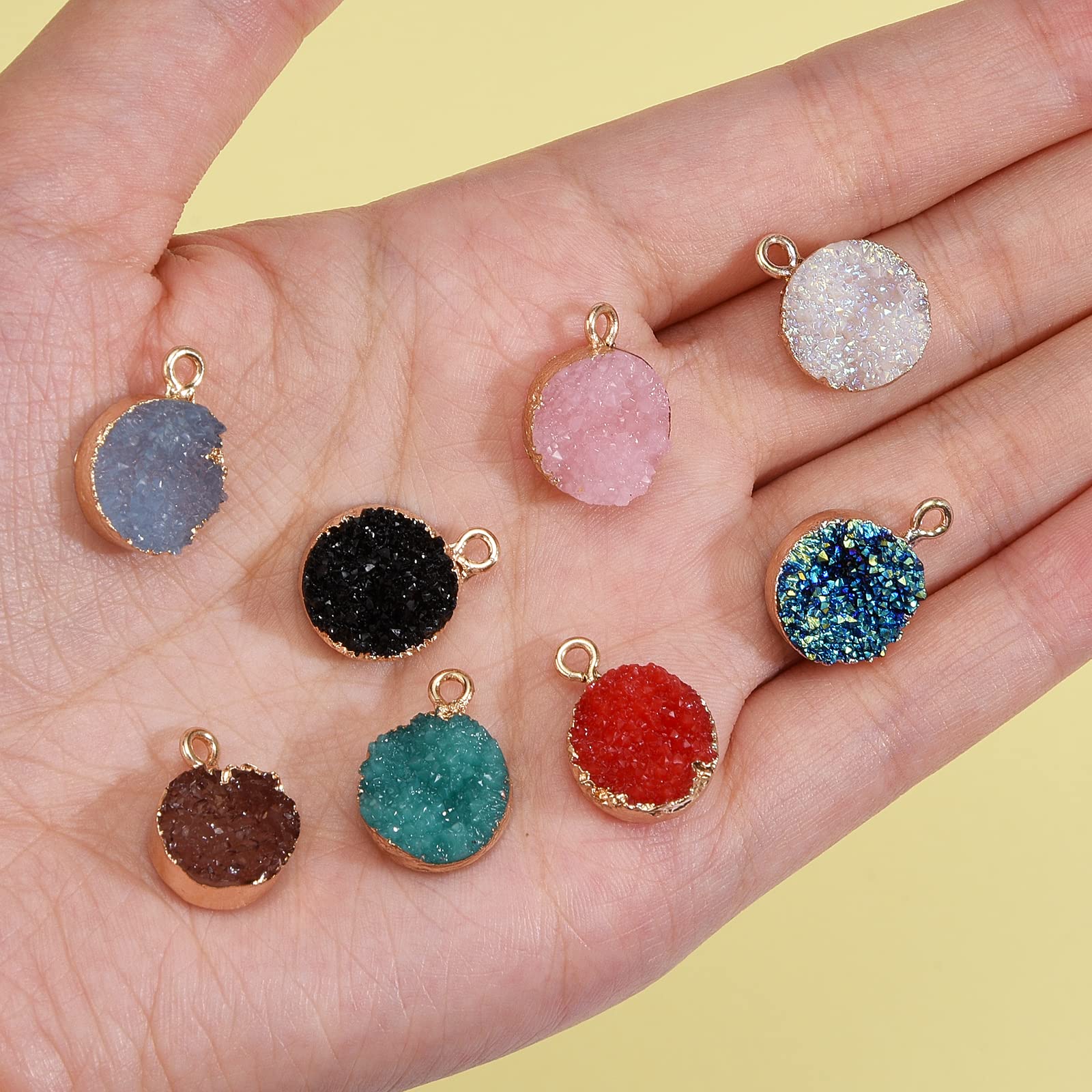 BEEFLYING 16 Pcs 8 Colors Electroplate Druzy Resin Pendants Flat Round Resin Charms Findings for Jewelry Necklaces Bracelets Earrings Making - Image 4