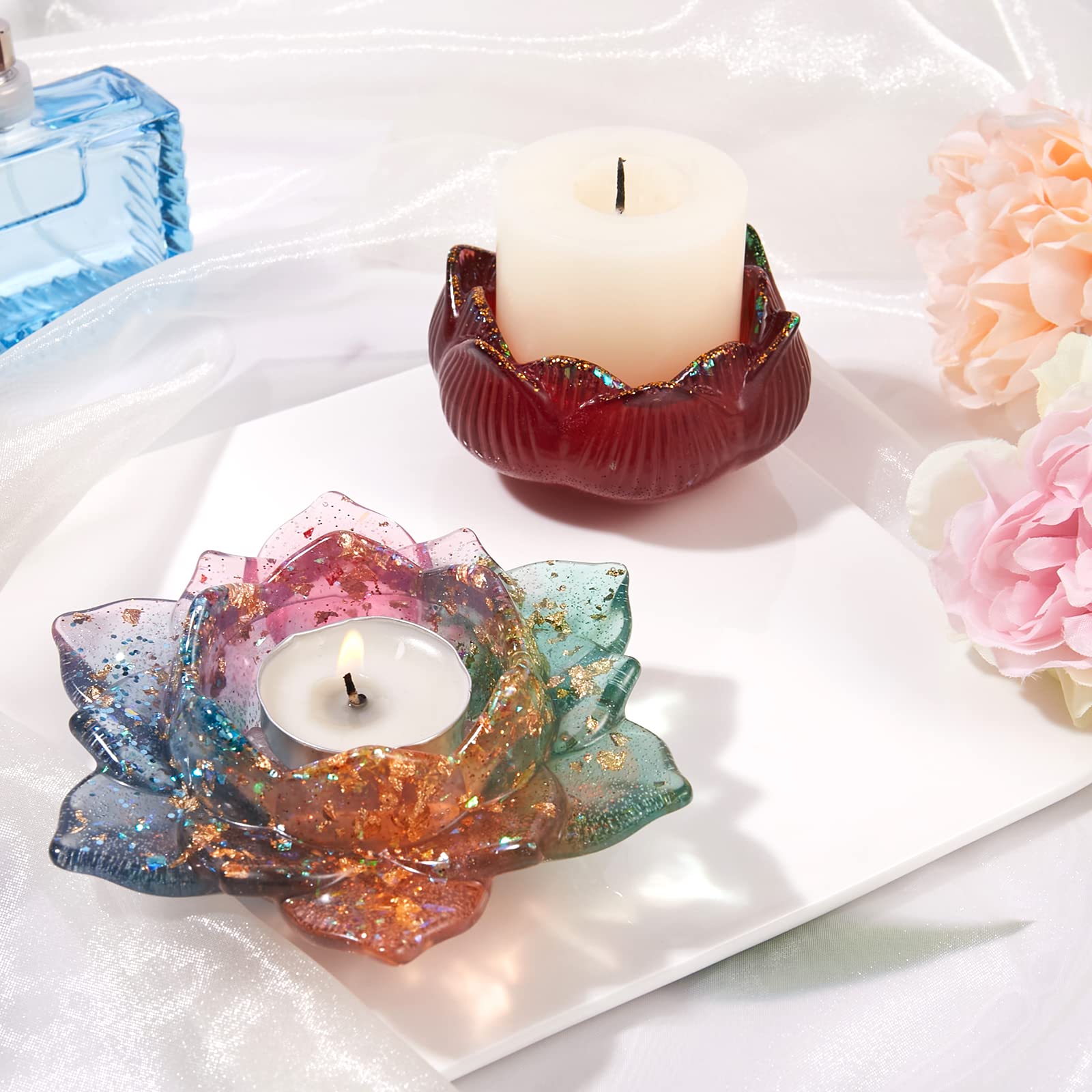 BEEFLYING 2 Pieces Candle Holder Resin Molds Lotus Epoxy Resin Casting Molds Candlestick Silicone Moulds for Jewellery Cosmetic Storage Box Plant Hydroponic Bottle Flower Pot - Image 5
