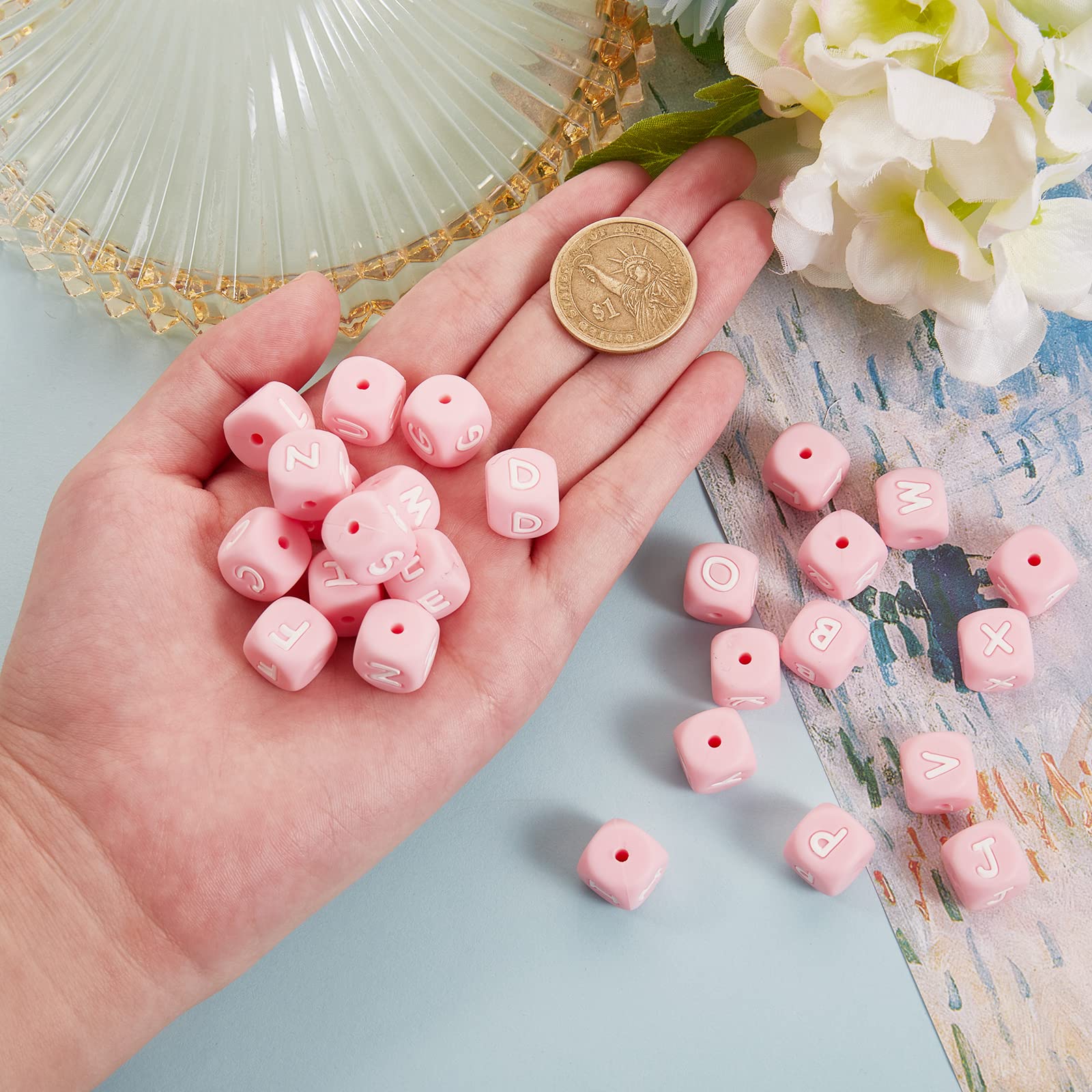 BEEFLYING 26 Pcs A~Z Cube Letter Beads Silicone Square Dice Alphabet Beads Large Hole Spacer Loose Beads for Bracelet Necklace Jewelry Making, Pink - Image 3