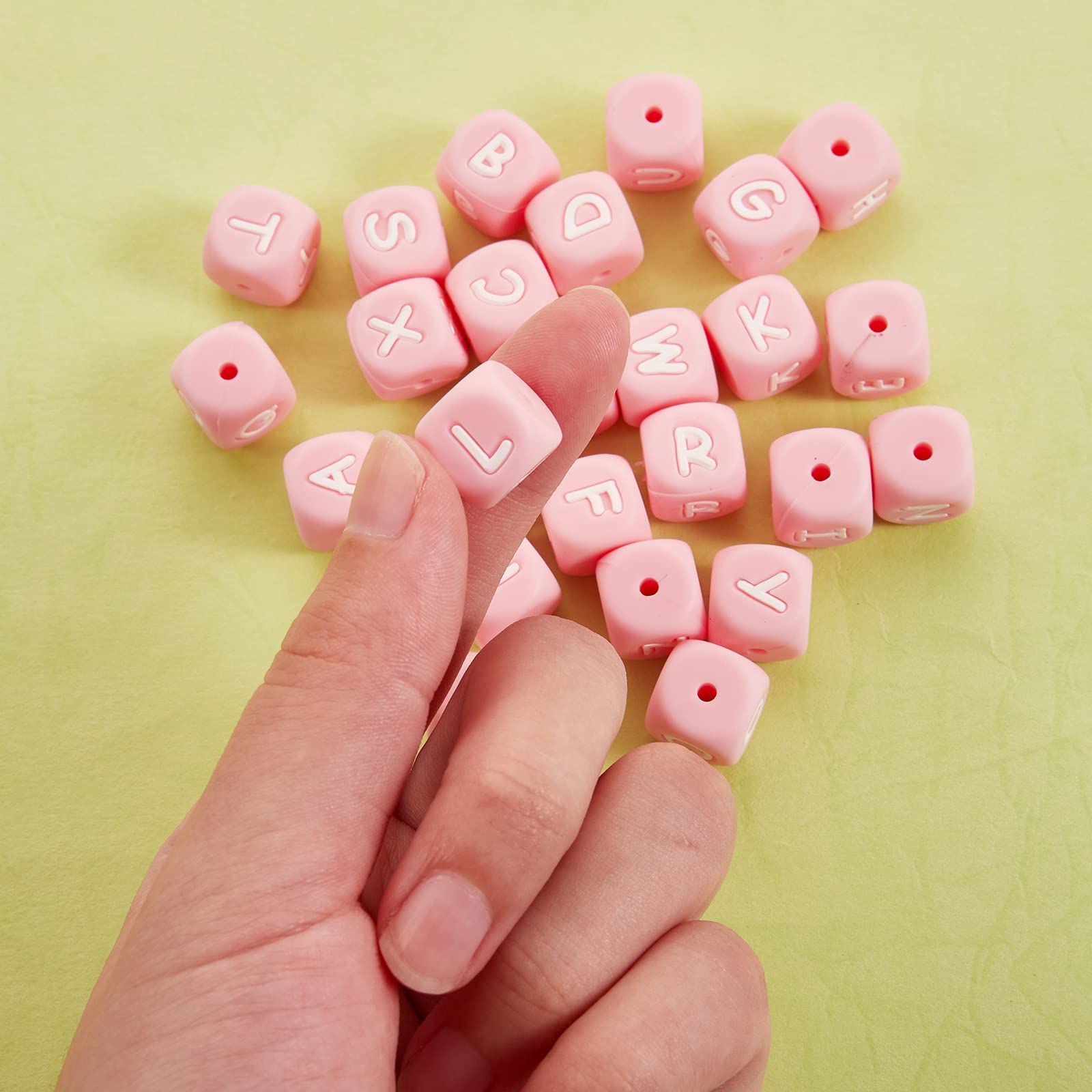 BEEFLYING 26 Pcs A~Z Cube Letter Beads Silicone Square Dice Alphabet Beads Large Hole Spacer Loose Beads for Bracelet Necklace Jewelry Making, Pink - Image 4
