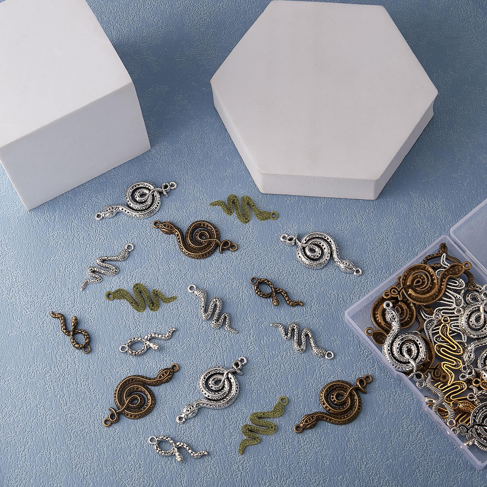 BEEFLYING 48Pcs 6 Style Gold Silver Tibetan Snake Charm Metal Alloy Cobra Snake Witch Charm Antique Gold Bronze Serpent Connector for DIY Bracelet Jewelry Craft Making - Image 4