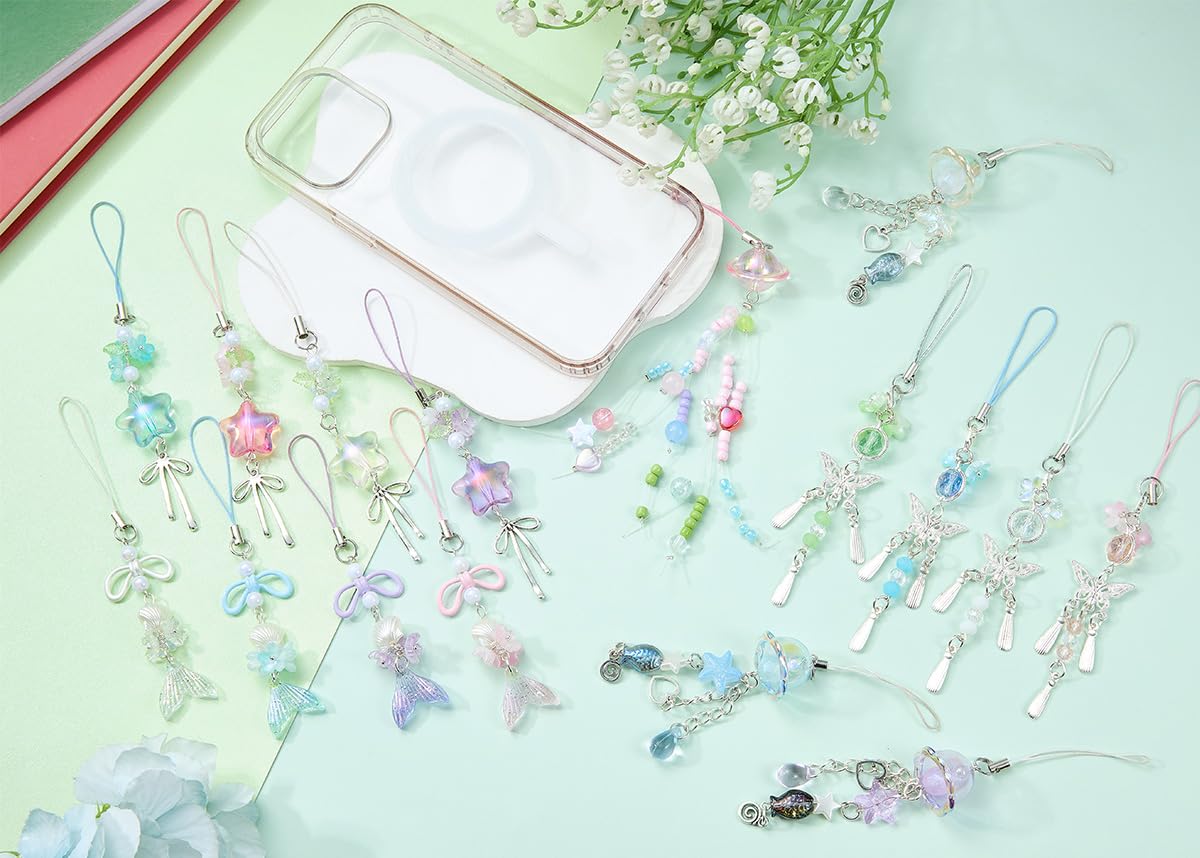 BEEFLYING 4Pcs Acrylic Beaded Moon Star Phone Charm Straps, for Cellphone Keychain Bags Cameras Earphones Decorations, 4 Colors - Image 8