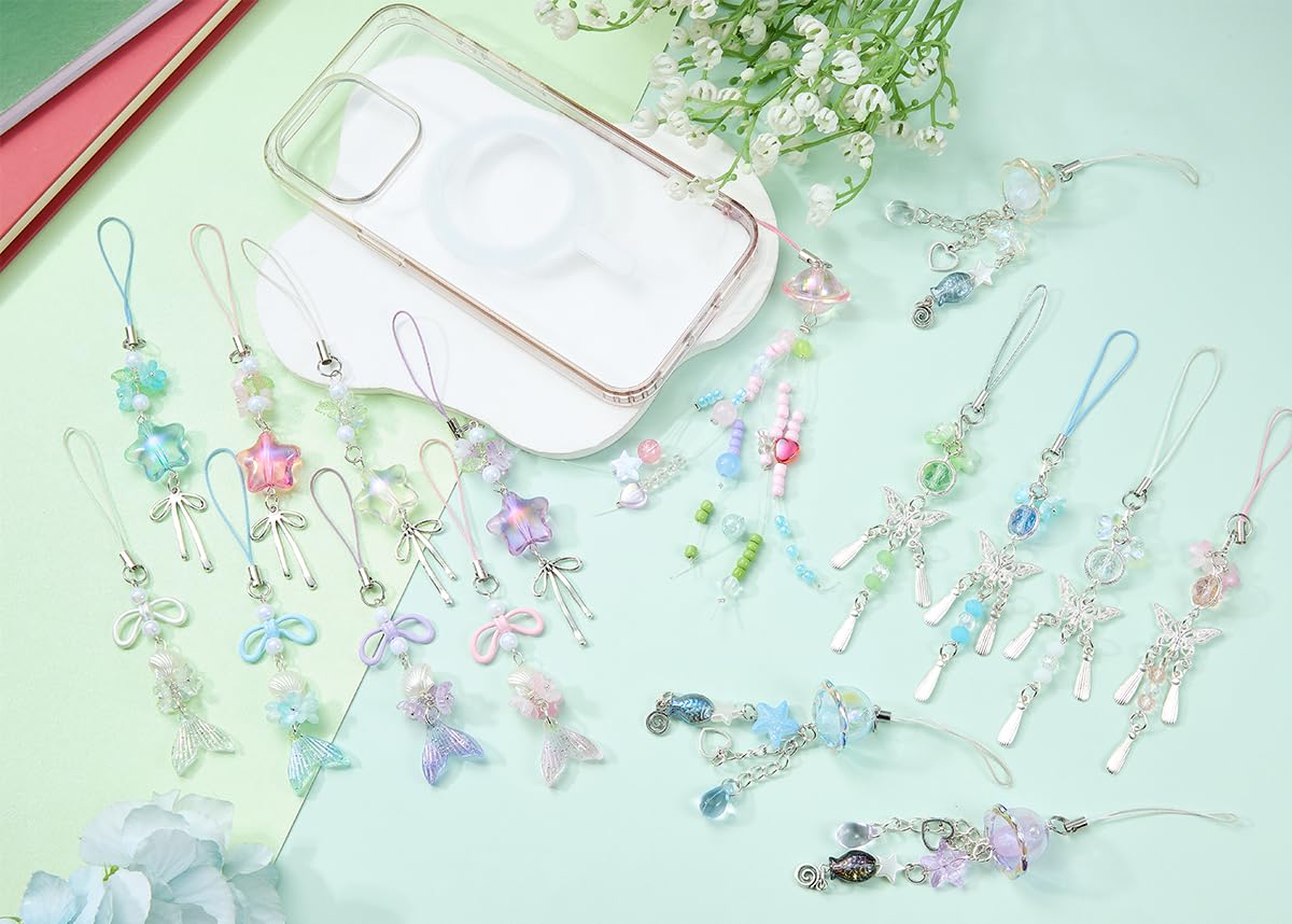 BEEFLYING 4Pcs Cute Acrylic Phone Charm Straps, with Mermaid Tail Butterfly Flower Star Moon Jellyfish,for Cellphone Keychain Bags Cameras Earphones Decor, Mixed Colors - Image 8