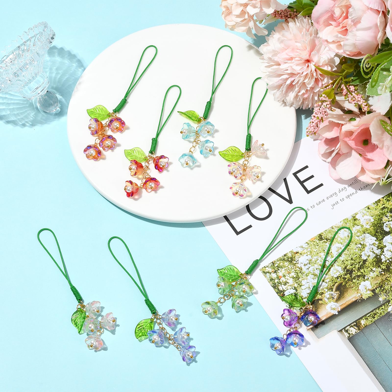 BEEFLYING 6-8 Pcs Colorful Flower Mobile Phone Charms Cute Glass & Acrylic Cell Phone Charm Straps Aesthetic Pendants Accessories For Wallets Keychains Bag - Image 5