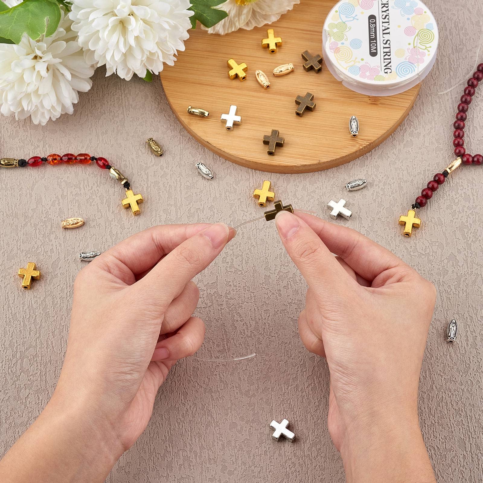 BEEFLYING 60Pcs Mixed Tibetan Catholic Virgin Mary Cross Beads Cross Jesus Bead Oval Virgin Mary Catholic Religion Beads for Bracelet Jewelry Crafts Making(Gold Silver Antique Bronze) - Image 4