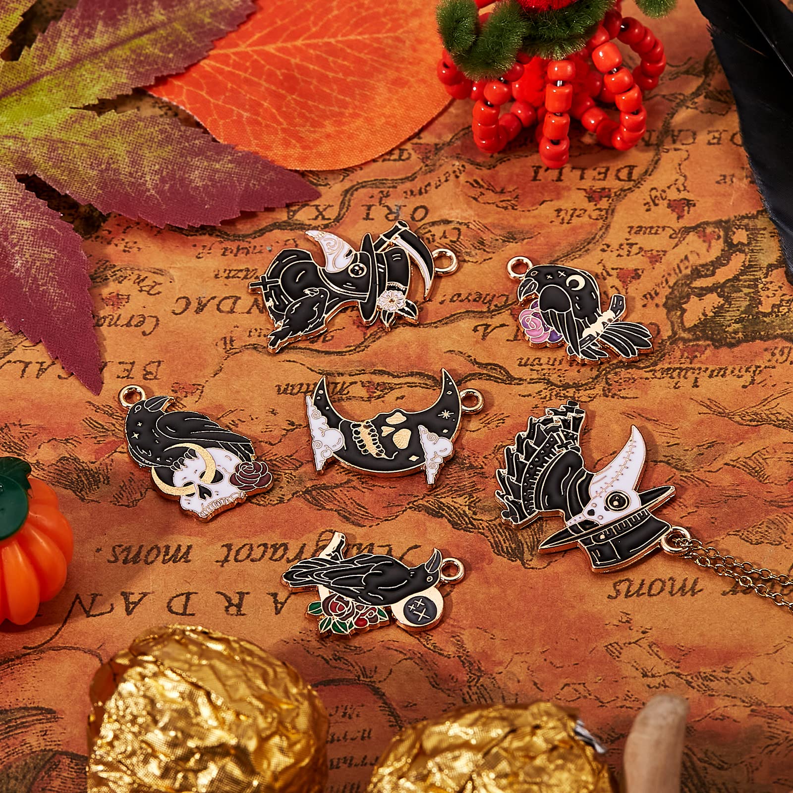 BEEFLYING 6Pcs 6 Style Halloween Raven Enamel Charms Metal Gothic Bird Skull Charms Metal Dangle Witchy Pendant Charms Bulk for DIY Necklace Bracelet Jewelry Crafts Making - Image 3