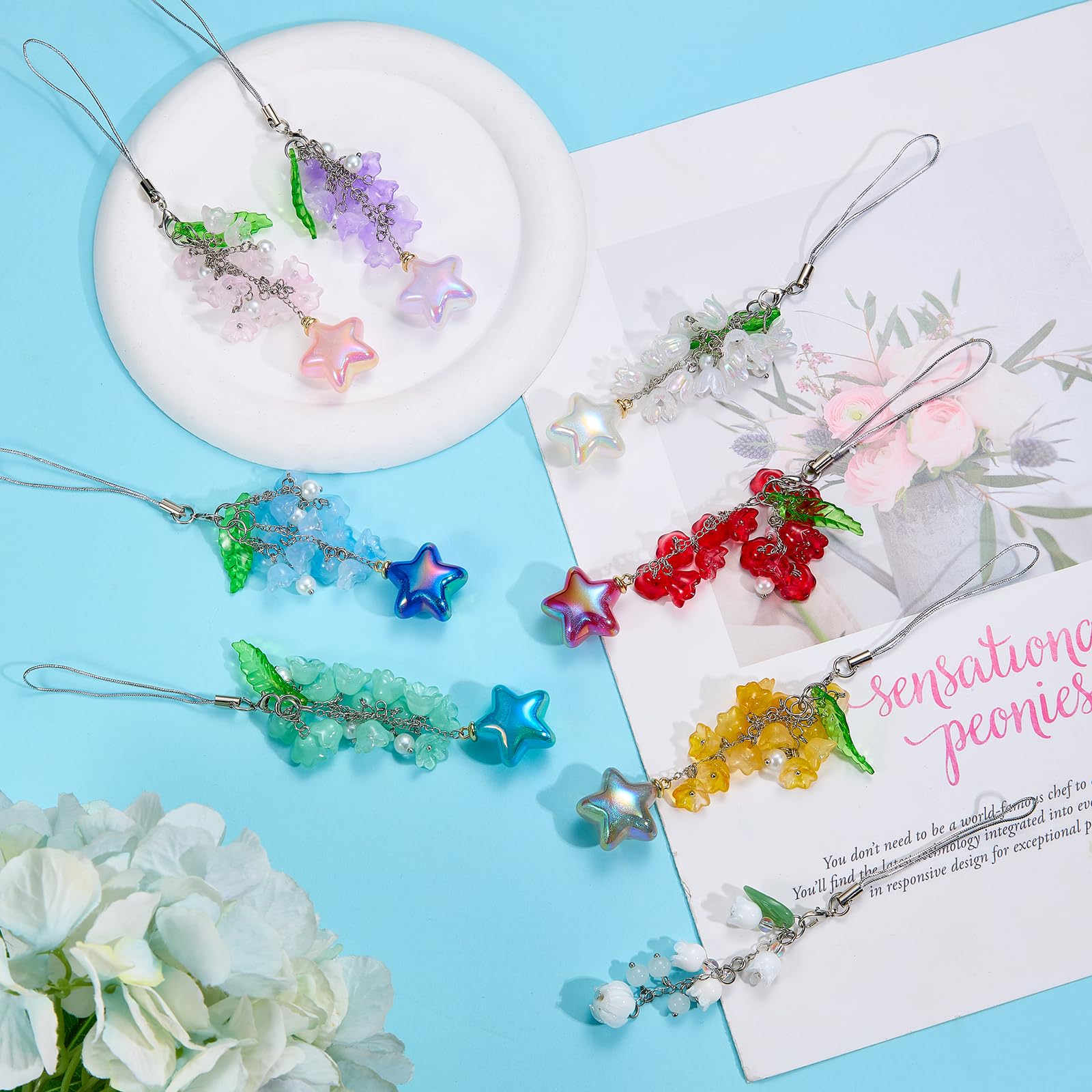 BEEFLYING Flower Beads Phone Charm Strap Aesthetic Y2K Cute Lily of the Valley Cellphone Pendant with Star Charm Accessories for Phone Bag Keychain Camera (White) - Image 5