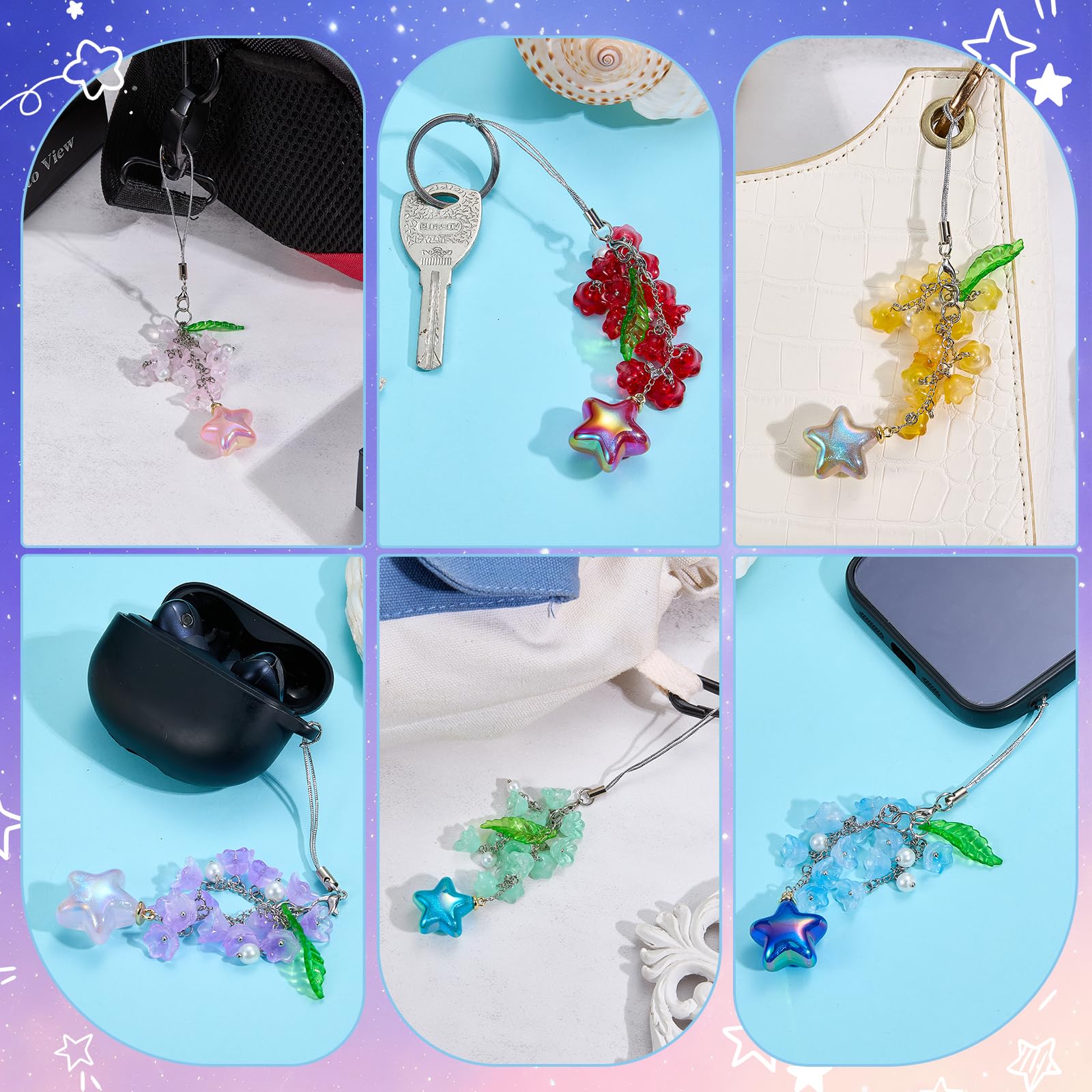 BEEFLYING Flower Beads Phone Charm Strap Aesthetic Y2K Cute Lily of the Valley Cellphone Pendant with Star Charm Accessories for Phone Bag Keychain Camera (White) - Image 7