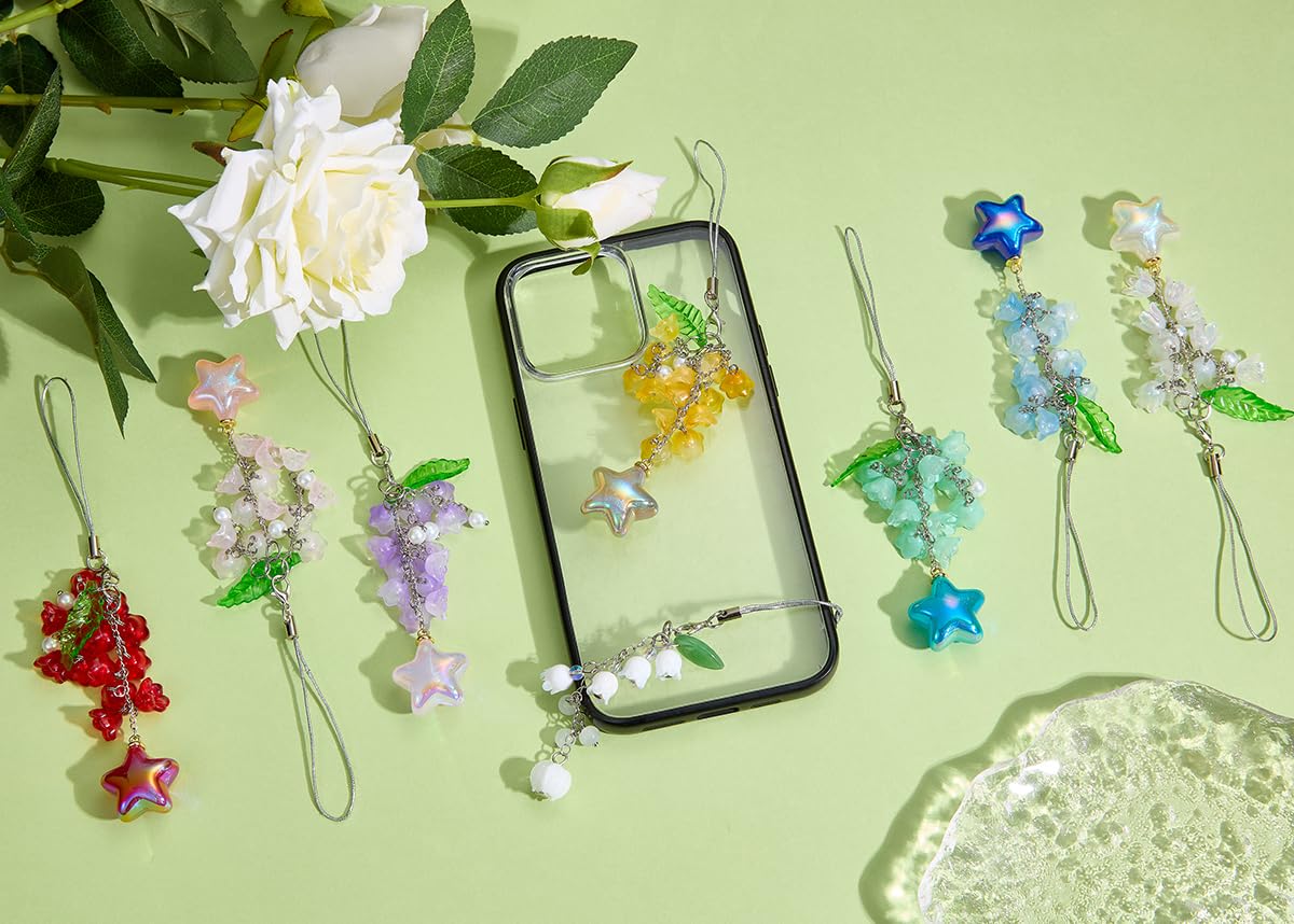 BEEFLYING Flower Beads Phone Charm Strap Aesthetic Y2K Cute Lily of the Valley Cellphone Pendant with Star Charm Accessories for Phone Bag Keychain Camera (White) - Image 8
